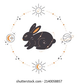Rabbit with astrology, esoteric, mystic and magician elements. Year of the Rabbit. Hand drawn vector illustration
