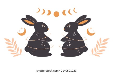 Rabbit with astrology, esoteric, mystic and magician elements. Year of the Rabbit. Hand drawn vector illustration