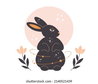 Rabbit with astrology, esoteric, mystic and magician elements. Year of the Rabbit. Hand drawn vector illustration