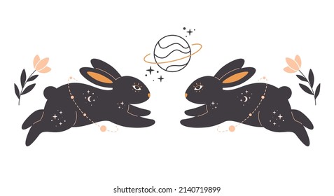 Rabbit with astrology, esoteric, mystic and magician elements. Year of the Rabbit. Hand drawn vector illustration