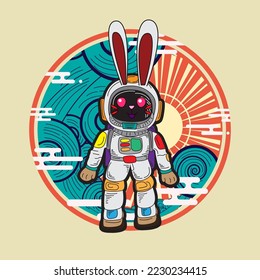 rabbit with astronaut costume illustration for logo, notebook, and background