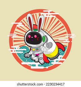 rabbit with astronaut costume illustration for logo, notebook, and background