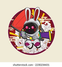 rabbit with astronaut costume illustration for logo, notebook, and background
