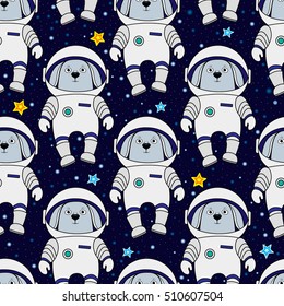 Rabbit astronaut and stars in space, cartoon style vector seamless pattern for textile, cover, wrapping paper, prints. Cute hare, rabbit as spaceman in starry space, seamless pattern