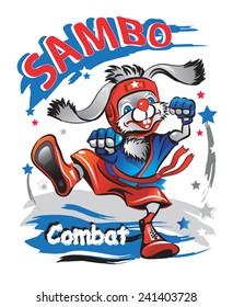 Rabbit athlete in a red hat, shorts and a blue kimono in a combat stance.  Vector illustration.