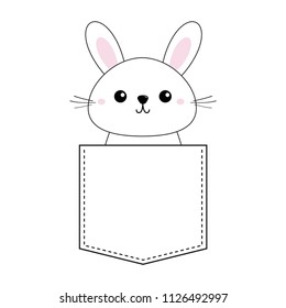 Rabbit baby face head icon sitting in the pocket. Pink cheeks. Contour line. Funny hare. Cute cartoon character. Love card. Kawaii Easter animal. Flat design White background Vector