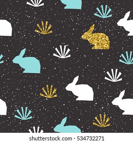 Rabbit background. Gold, blue and white abstract rabbit for card, invitation, album, scrapbook, easter holiday wrapping paper, textile fabric, garment etc. Farm animal theme. Gold texture.