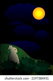 rabbit background sitting and looking at the moon on the grass hill