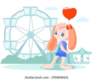 A rabbit with a ball in an amusement park with a Ferris wheel