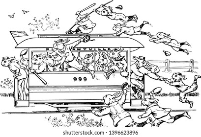 Rabbit ball team, this scene shows rabbits in human dresses catching a street car, caps in the air, vintage line drawing or engraving illustration