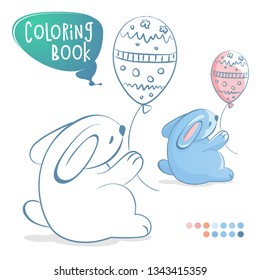 Rabbit with a balloon in his hand. Coloring book page. Cartoon Vector Illustration