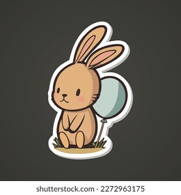 Rabbit with balloon, isolated sticker design, vector illustration  