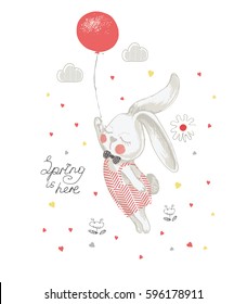 Rabbit with balloon.hand drawn vector illustration, can be used for kid's or baby's shirt design, fashion print design, fashion graphic, t-shirt, kids wear