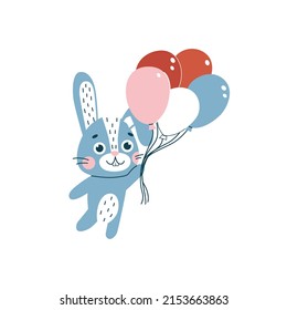 Rabbit with balloons. Cute vetor flat animal character, isolated on white background.