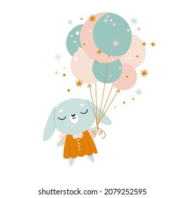 A rabbit with balloons in a modern boho style. Vector illustration