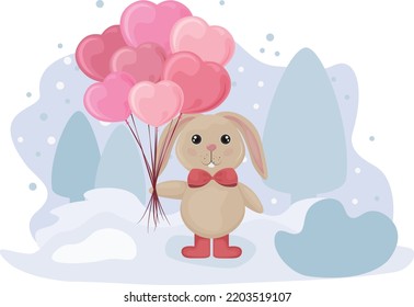 Rabbit with balloons in the shape of a heart. Festive illustration for Valentine s Day. A hare with hearts in his hands stands against the background of a winter landscape. Cute cartoon rabbit