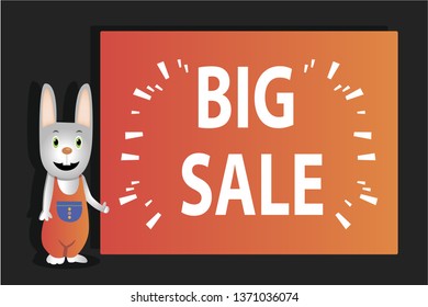 Rabbit with banner. Big sale for kids shop
