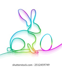 Rabbit banner one line linear. Happy Easter card. Neon gradient bunny with egg. hand drawn. Not AI, Vector illustration.
