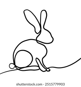 Rabbit banner one line linear. Happy Easter card. black bunny . hand drawn. Not AI, Vector illustration.