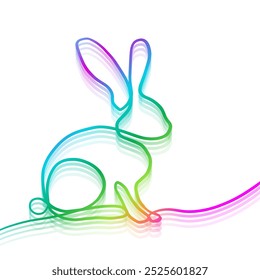 Rabbit banner one line linear. Happy Easter card. Neon gradient bunny . hand drawn. Not AI, Vector illustration.