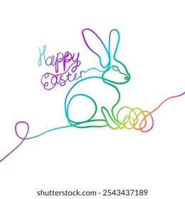 Rabbit banner one line linear. Happy Easter card. Neon gradient bunny with egg. hand drawn. Not AI, Vector illustration.