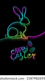 Rabbit banner one line linear. Happy Easter card. Neon gradient bunny with egg. hand drawn. Not AI, Vector illustration.