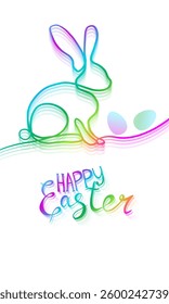 Rabbit banner one line linear. Happy Easter card. Neon gradient bunny with egg. hand drawn. Not AI, Vector illustration.