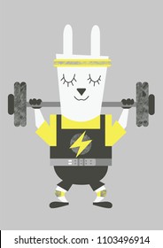 Rabbit with barbell. Cartoon style. Vector illustration.