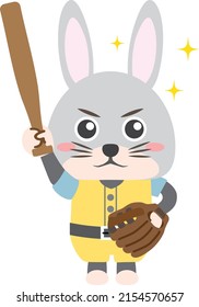 A rabbit with a baseball bat and a ball.