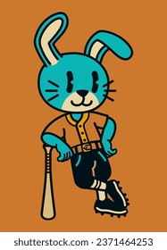 Rabbit Baseball Mascot Player Stand with a Baseball Bat 