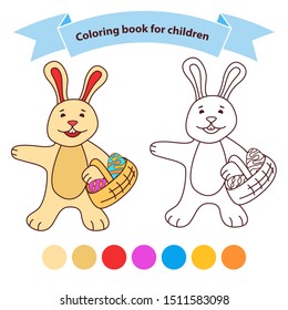 Rabbit with a basket easter eggs. Isolated on white background. Cartoon character coloring hare book for children. Outlined doodle. Flat vector.