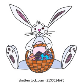 rabbit with basket and eggs character easter holiday. sketch vector image