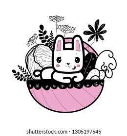 Rabbit in a basket with flowers and vegetables. Cute kawaii cartoon character. Vector illustration