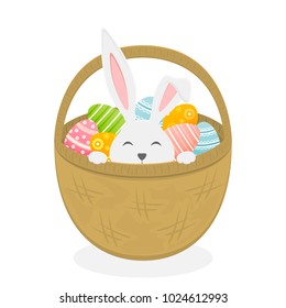 Rabbit in basket isolated on white background with colorful Easter eggs, illustration.