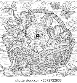 Rabbit in a basket with tulips and butterflies.Coloring book antistress for children and adults. Illustration isolated on white background. Hand draw