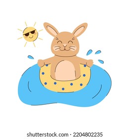 Rabbit bathes in a swimming circle. Summer character and sun. Cute beige bunny. Seasonal vector illustration in flat style