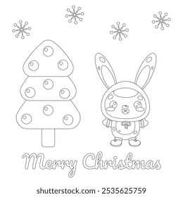 A rabbit in a beanie is smiling and standing in front of a Christmas tree. This is a Christmas coloring book with a rabbit for kids. A holiday card as a gift. Contour vector illustration.