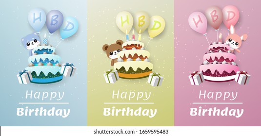 rabbit, bear and dog behide a cake . There is an HBD letter on the balloon and a white background flag floats out of the cake. On the blue-green background