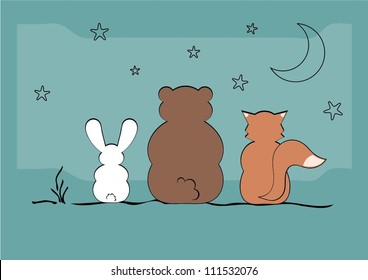 rabbit, bear and fox cartoon characters watching stars
