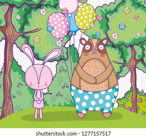 rabbit and bear happy birthday with balloons