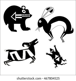 Rabbit, bear, ibex, marmot. Set of stylized graphics.Ethnic pattern of American Indians: Aztecs, Mayans, Incas. drawing in the Mexican style. Vector illustration.