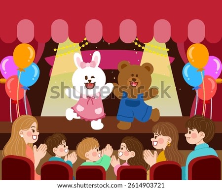 A rabbit and a bear mascot perform on stage for Children's Day, as families with children watch the show. Children's musical, play, performance