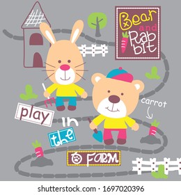 conejo y oso en la granja cómico animal caricatura,ilustración vectorial