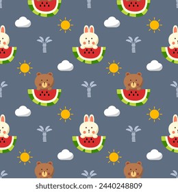 Rabbit bear on watermelon cartoon so cute. On tree cloud sun background. Pattern seamless vector illustration. 
