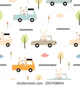 Un conejo y un oso sentados en un coche fondo sin costura Ilustración vectorial Patrones de dibujos animados personalizados para niños Diseño de ideas utilizadas para publicaciones, envoltura de regalo, textiles, tela