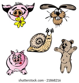 Rabbit, bear, snail and two pigs in vector illustration