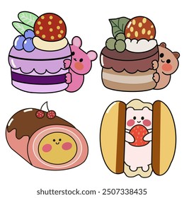 conejo oso con fresa dulce de dibujos animados sobre fondo blanco comida Postre dibujado a mano colecciones de carácter animal diseño Donut cake fresa azúcar Meow amante Kawaii Ilustración vectorial linda kawaii