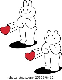"Rabbit and bear throwing red hearts, character illustration for Sweet Day, isolated on transparent background."