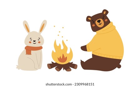 Rabbit And Bear Warming Up Vector Illustration