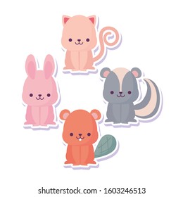 rabbit beaver skunk and cat cartoon design, Kawaii expression cute character funny and emoticon theme Vector illustration
